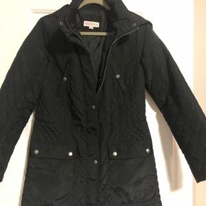 Black quilted water resistant jacket with hood